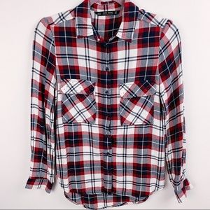 Zara Button Up Plaid Long Sleeve Navy Red XS